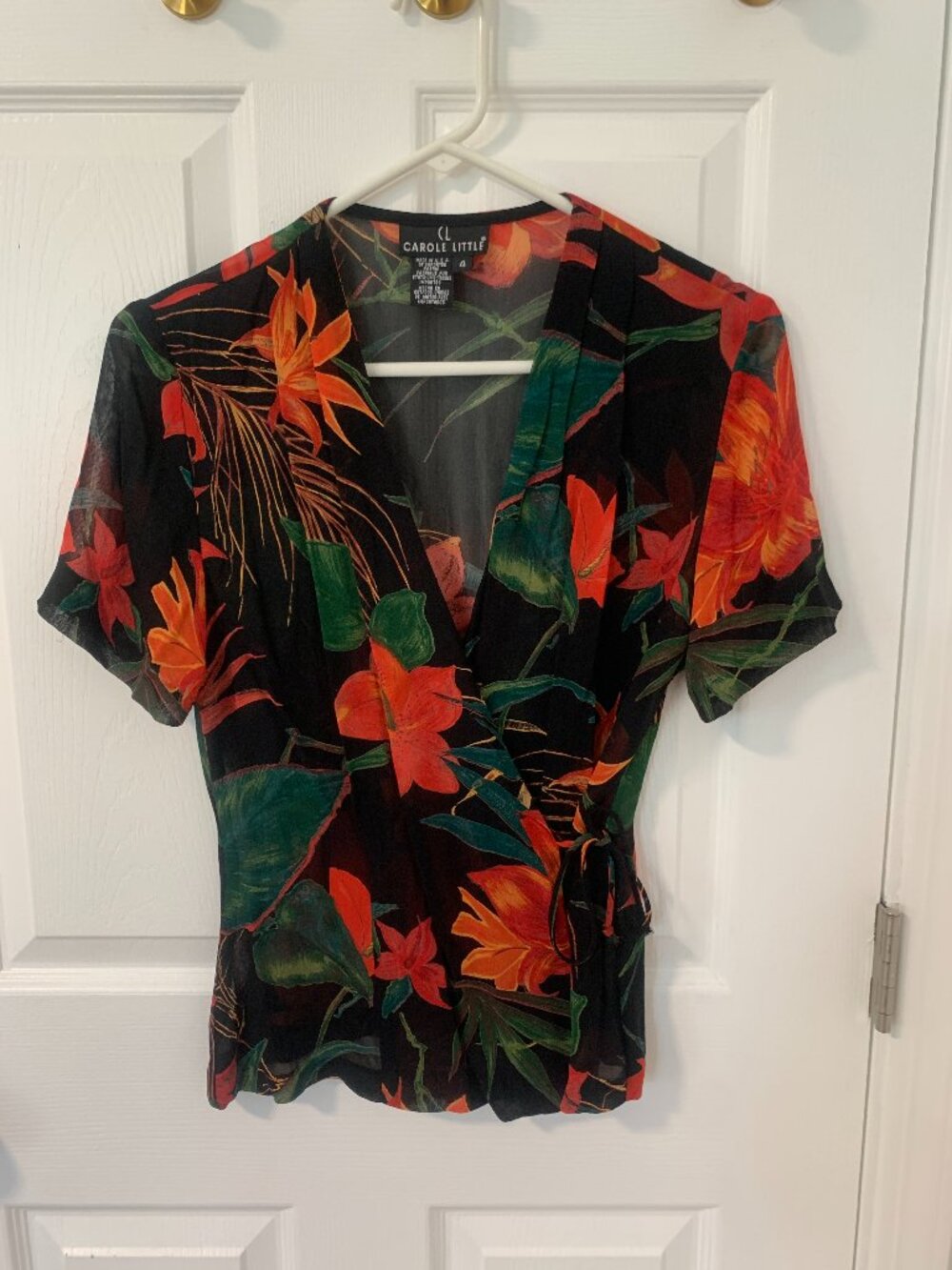 Carole Little Vintage 90s Tropical Hibiscus Floral Wrap Top Size 4